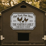 Chicken coop with a personalized sign featuring chickens and text.