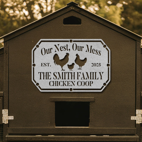 Chicken coop with a personalized sign featuring chickens and text.