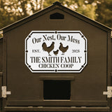 Chicken coop with a personalized sign featuring chickens and text.