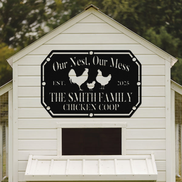 White chicken coop with a black sign featuring text and chicken illustrations.