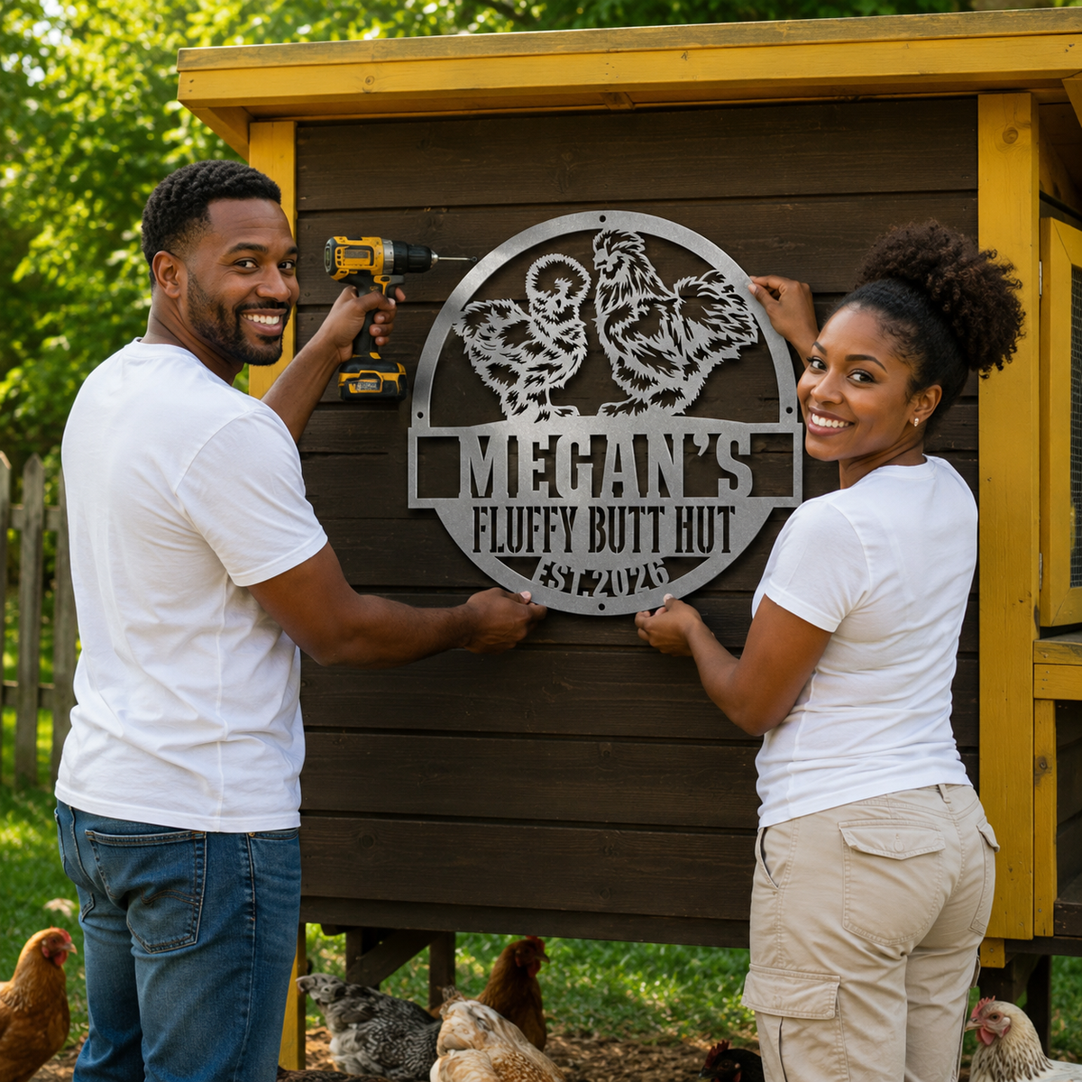 A man and a woman in white t-shirts are installing a custom metal sign on a dark wood chicken coop. The sign features a rooster silhouette inside a circle with the text 'MIGAN'S FLUFFY BUTT HUT AS A VOW'.