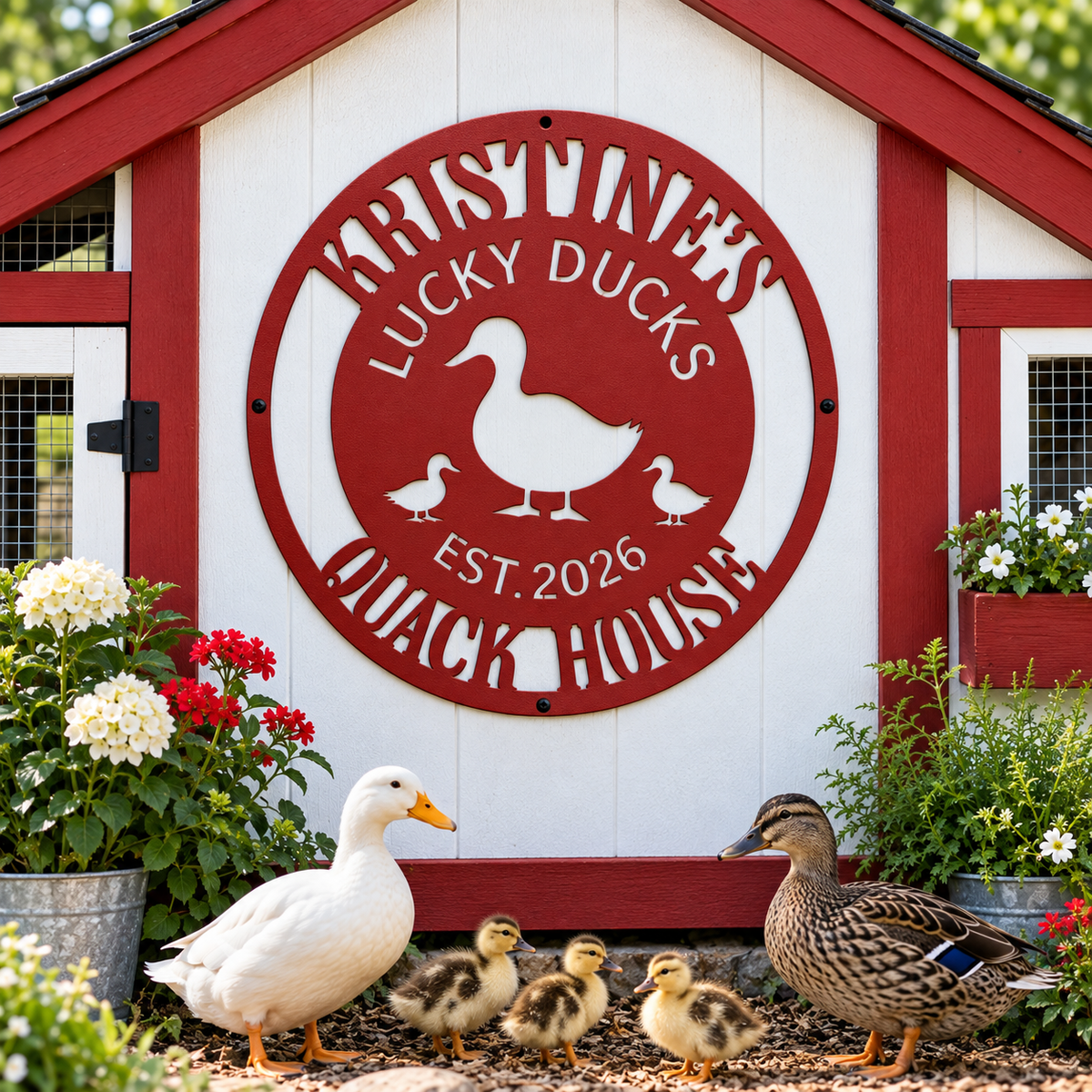 A decorative red and white metal sign reading 'Lucky Ducks Quack House' mounted on a small white and red shed, with a white duck, three ducklings, and a brown mallard duck standing in front of it outdoors.