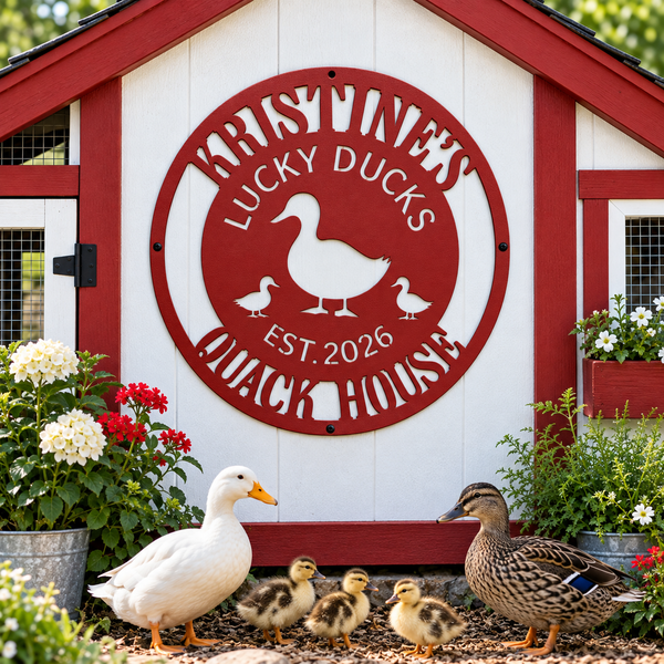 A decorative red and white metal sign reading 'Lucky Ducks Quack House' mounted on a small white and red shed, with a white duck, three ducklings, and a brown mallard duck standing in front of it outdoors.