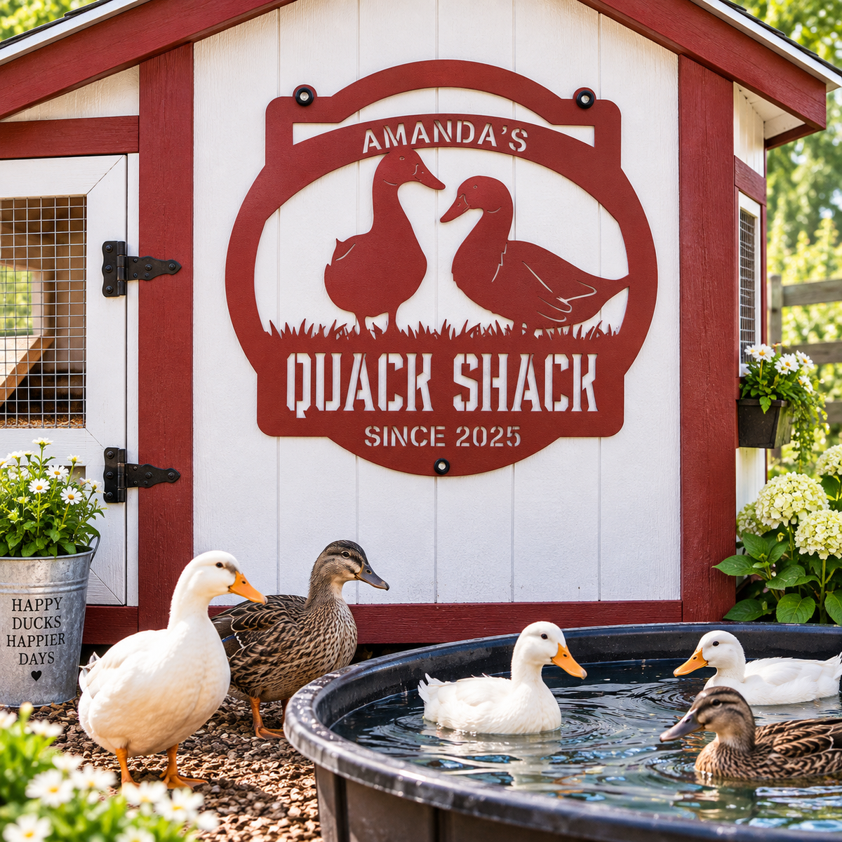 A red and white wooden chicken coop with a large custom sign reading 'Amanda's Quack Shack Since 2025' featuring duck silhouettes. Several real ducks are gathered around a small black tub pool in a garden setting.