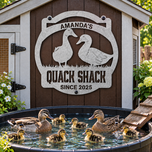 A rustic metal sign reading 'Amanda's Quack Shack Since 2025' with duck silhouettes, mounted on a wooden shed. Ducks and ducklings swim in a small round pond in front of the shed.