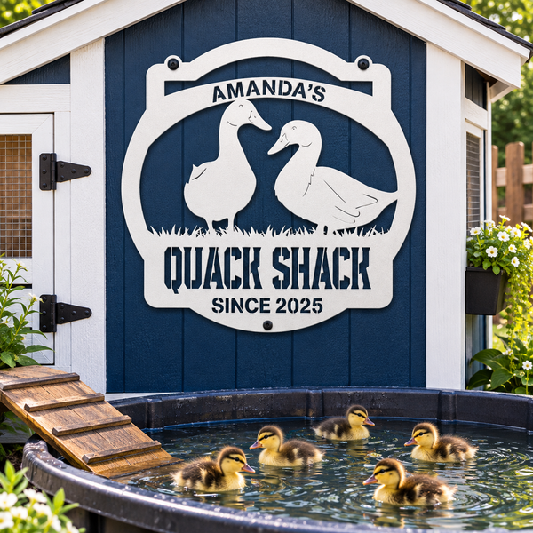 A custom metal sign reading 'Amanda's Quack Shack Since 2025' with two white ducks, mounted on a navy blue shed. In the foreground, ducklings swim in a small pond with a wooden ramp.