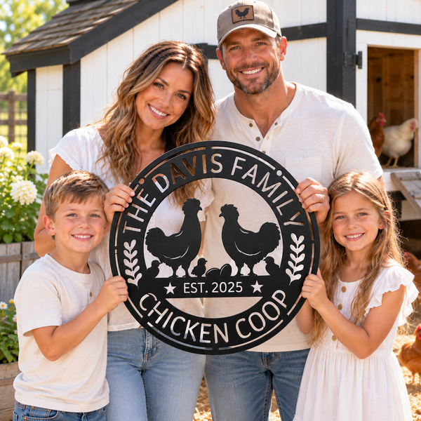 A family of four stands outdoors in front of a white and black farmhouse with chickens visible in the background, holding a large round black metal sign that reads “The Davis Family Chicken Coop Est. 2025” with chicken silhouettes.