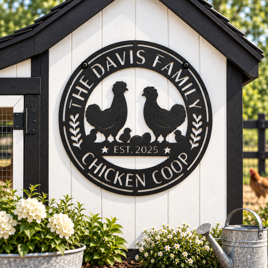 A circular black metal sign mounted on a white chicken coop wall, featuring silhouettes of two chickens, a chick, wheat ears, and the text 'THE DAVIS FAMILY CHICKEN COOP' and 'EST. 2025'.