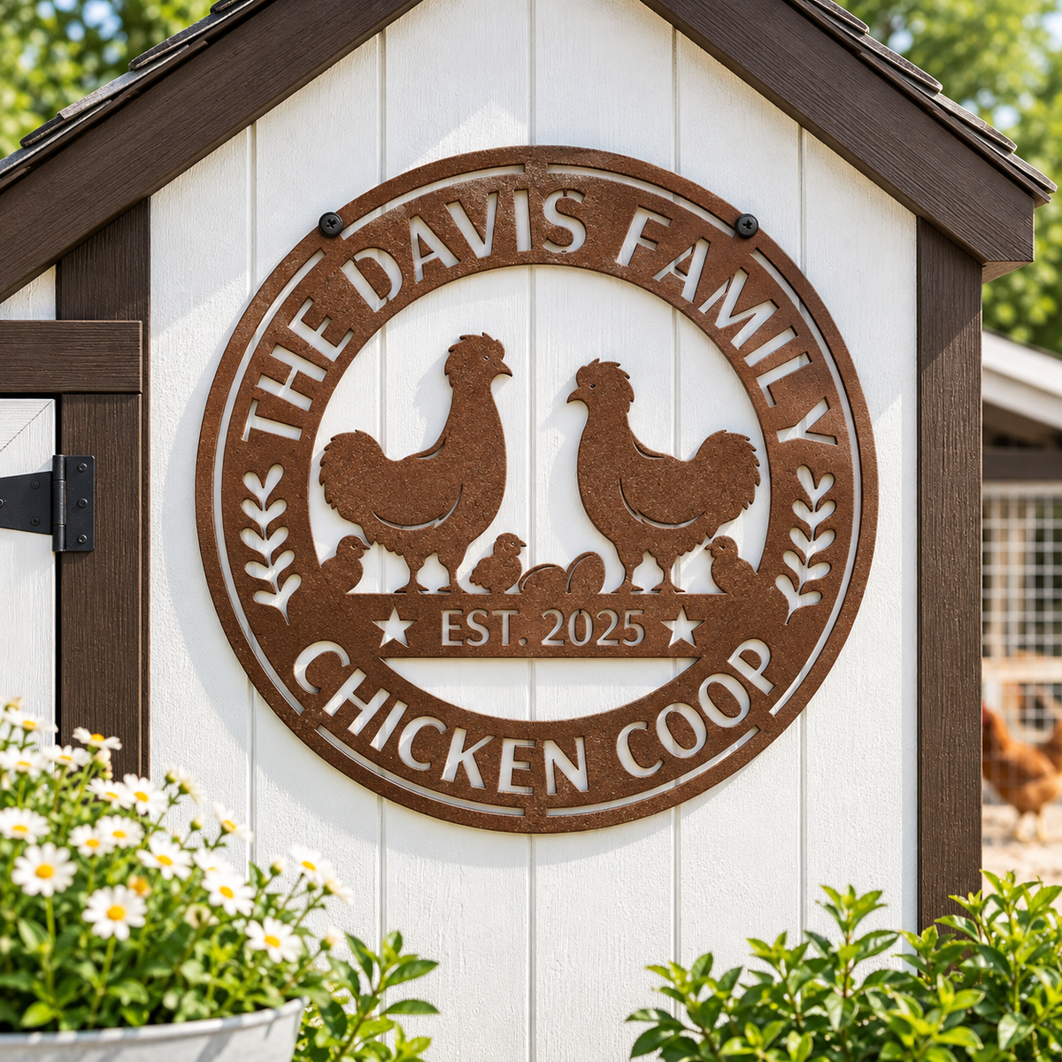 A round metal sign for a chicken coop mounted on a white wooden coop door. The sign is rusted brown with cutout silhouettes of two chickens, several chicks, and the text 'THE DAVIS FAMILY CHICKEN COOP' and 'EST.