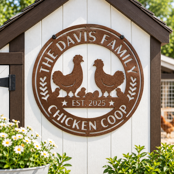 A round metal sign for a chicken coop mounted on a white wooden coop door. The sign is rusted brown with cutout silhouettes of two chickens, several chicks, and the text 'THE DAVIS FAMILY CHICKEN COOP' and 'EST.