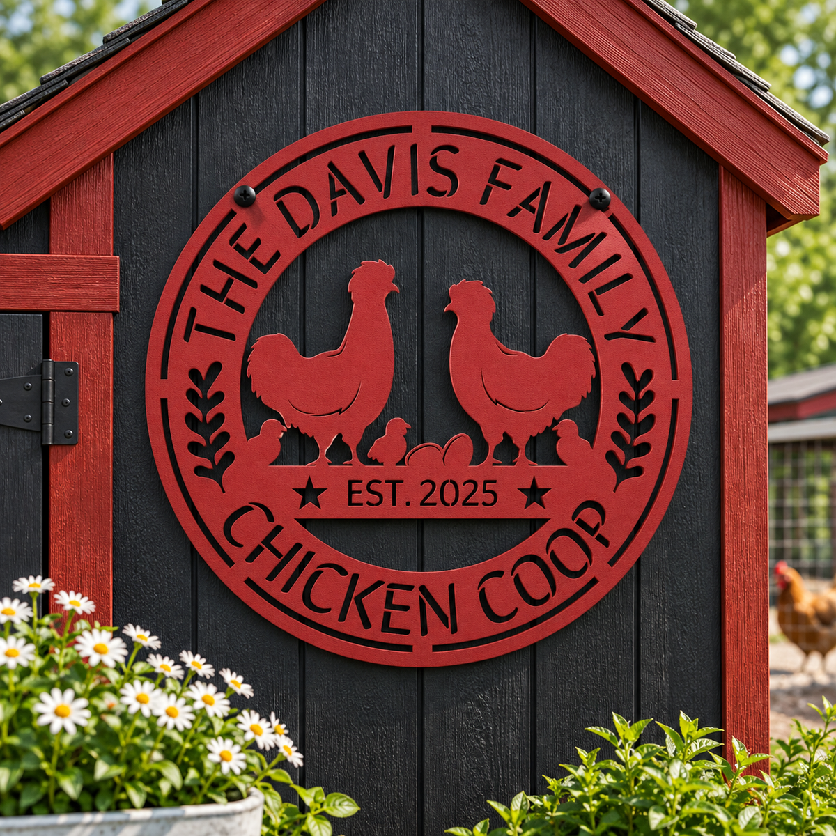 A circular red metal sign mounted on a black wooden chicken coop, featuring silhouettes of two chickens, chicks, and the text 'THE DAVIS FAMILY CHICKEN COOP' and 'EST. 2025'.