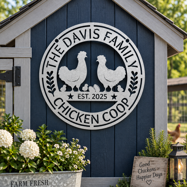 A custom circular wooden chicken coop sign reading 'THE DAVIS FAMILY CHICKEN COOP EST. 2025' with silhouettes of two chickens and chicks, mounted on a dark blue chicken coop.
