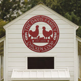 White chicken coop with a red 'The Davis Family Chicken Coop' logo on a white background