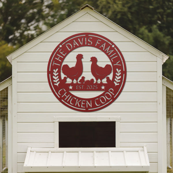 White chicken coop with a red 'The Davis Family Chicken Coop' logo on a white background
