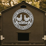 Chicken coop with 'The Davis Family' logo and 'Est. 2025' text on a wooden background.
