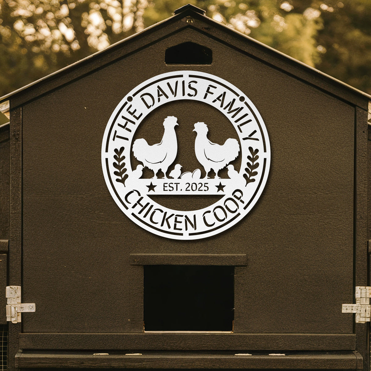 Chicken coop with 'The Davis Family Chicken Coop' logo on a wooden background