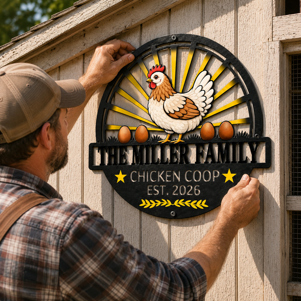 A man wearing a tan cap and plaid shirt hangs a decorative metal sign on a light wood chicken coop wall. The sign features a stylized chicken with brown and white feathers, yellow sunburst rays, three brown eggs, and the text 'THE MILLER FAMILY CHICKEN COOP EST.