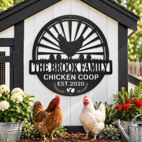 A decorative black metal sign reading 'THE BROOK FAMILY CHICKEN COOP EST. 2020' mounted on a white chicken coop with black trim.