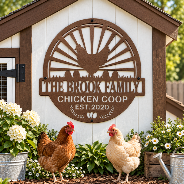 A decorative metal sign reading “The Brook Family Chicken Coop Est. 2020” mounted on a white and brown coop wall, with two chickens standing in front of the coop and flowers and a watering can around them.