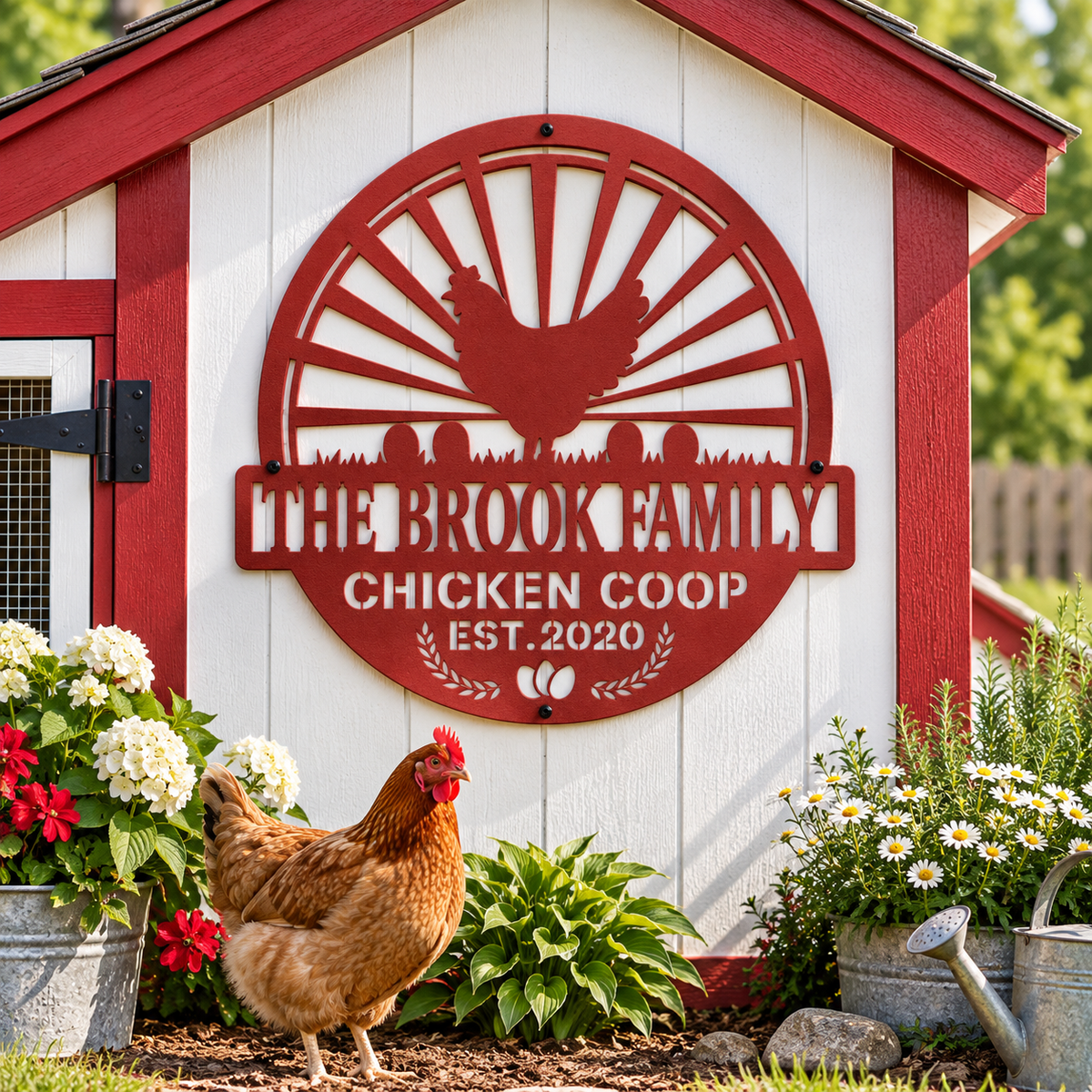 A decorative red metal sign reading “The Brook Family Chicken Coop Est. 2020” mounted on a white and red chicken coop, with a brown chicken standing in front of it and flowers and plants around the coop.