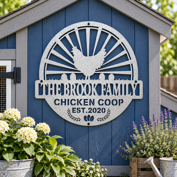 A large circular metal sign reading “THE BROOK FAMILY CHICKEN COOP EST. 2020” with a rooster silhouette and sunburst design, mounted on the blue siding of a small coop or shed.