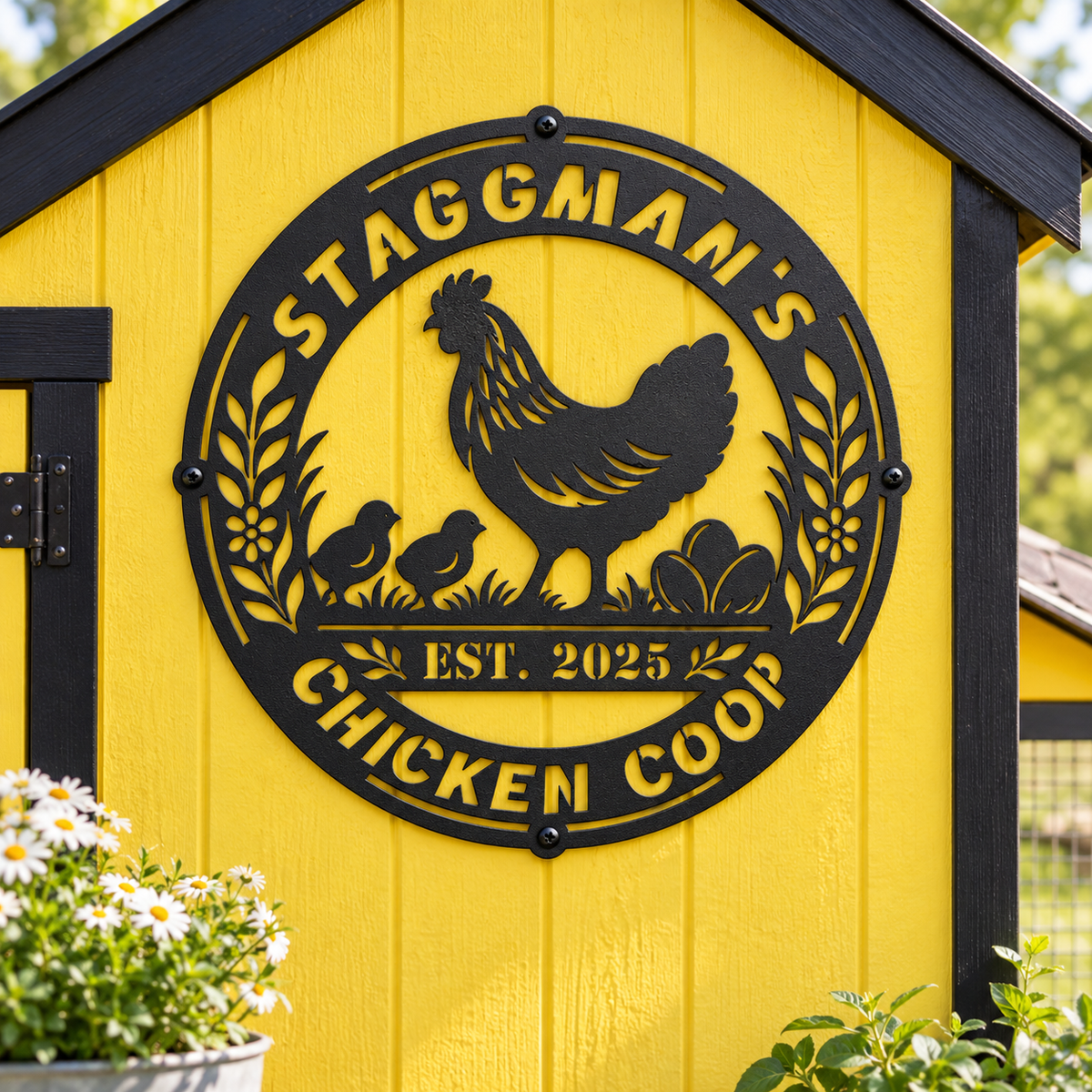A circular black metal sign reading “STAGGMAN’S CHICKEN COOP EST. 2025” with a rooster and two chicks, mounted on a bright yellow chicken coop exterior.