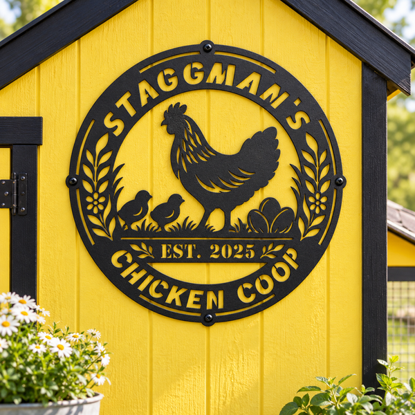 A circular black metal sign reading “STAGGMAN’S CHICKEN COOP EST. 2025” with a rooster and two chicks, mounted on a bright yellow chicken coop exterior.