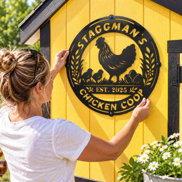 A woman in a white t-shirt is shown from behind, mounting a circular black metal sign onto a bright yellow chicken coop. The sign features a silhouette of a hen and chicks with the text 'STAGGMAN'S CHICKEN COOP' and 'EST.