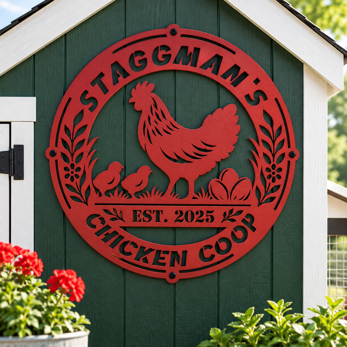 A red metal decorative sign shaped like a chicken coop, mounted on a dark green wooden shed wall. The sign features a silhouette of a rooster and two chicks with eggs, the text 'STAGGMAN'S CHICKEN COOP', and 'EST.