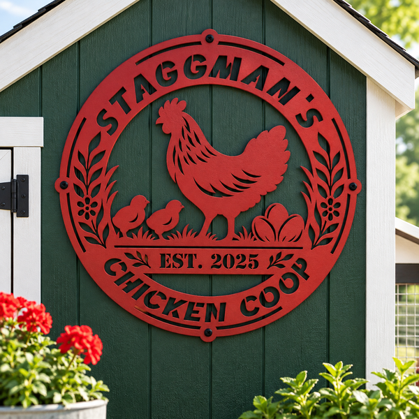 A red metal decorative sign shaped like a chicken coop, mounted on a dark green wooden shed wall. The sign features a silhouette of a rooster and two chicks with eggs, the text 'STAGGMAN'S CHICKEN COOP', and 'EST.