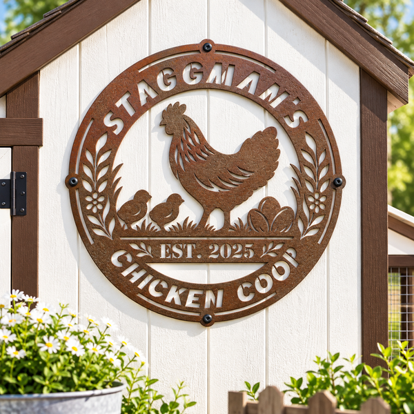 A circular rusted metal chicken coop sign mounted on a white wooden coop exterior. The sign features a cutout rooster, two chicks, eggs, and wheat ears, with the text 'STAGGMAN'S CHICKEN COOP' and 'EST.