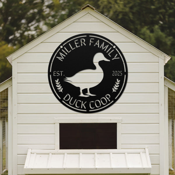 White duck coop with 'Miller Family Duck Coop' logo on a wooden background