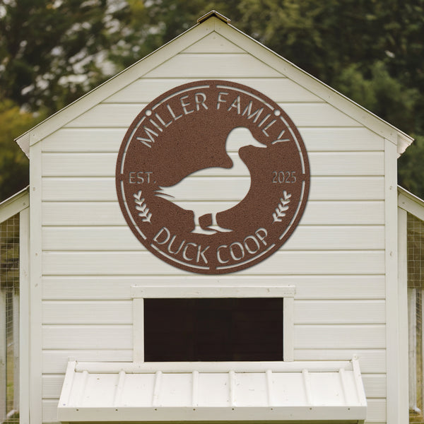 White duck coop with 'Miller Family Duck Coop' logo on a wooden background