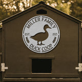 Duck coop with 'Miller Family Duck Coop' logo on a wooden background
