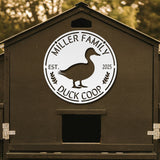 Duck coop with 'Miller Family Duck Coop' logo on a wooden background