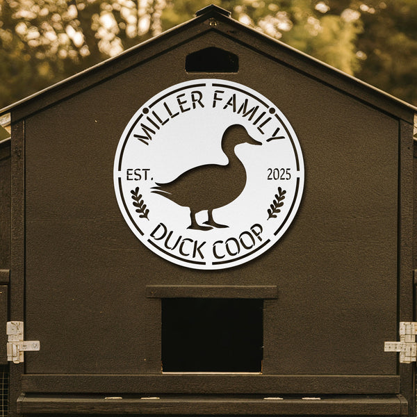 Duck coop with 'Miller Family Duck Coop' logo on a wooden background