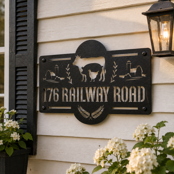 A black metal custom house sign mounted on a white siding wall, featuring a silhouette of a cow and farm motifs with the text '176 RAILWAY ROAD'.